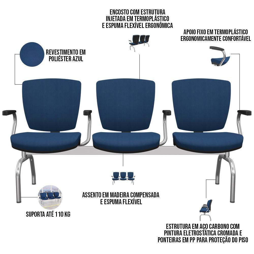 Cadeira Longarina 3 Lugares Aeroporto Recepção Cromado Baixa Flexi P03 Poliéster Azul - Lyam - 4