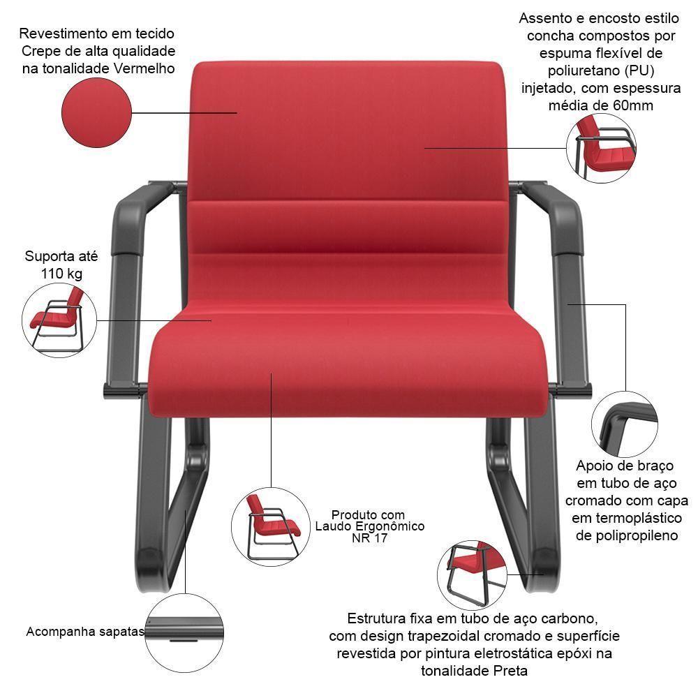 Cadeira De Escritório Recepção Com Braço Fixa Preta Lev P03 Crepe Vermelho - Lyam Decor - 3