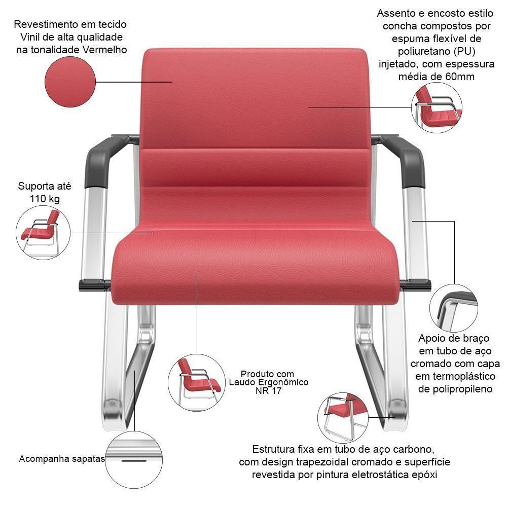 Cadeira De Escritório Recepção Com Braço Fixa Cromada Lev P03 Vinil Vermelho - Lyam Decor - 3