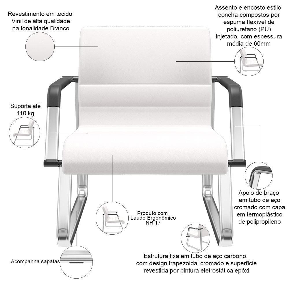 Cadeira De Escritório Recepção Com Braço Fixa Cromada Lev P03 Vinil Branco - Lyam Decor - 3