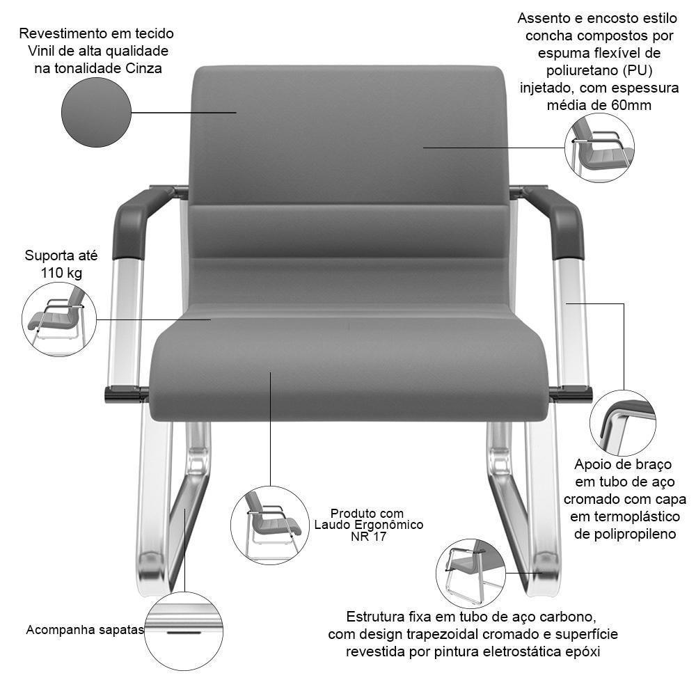 Cadeira De Escritório Recepção Com Braço Fixa Cromada Lev P03 Vinil Cinza - Lyam Decor - 3
