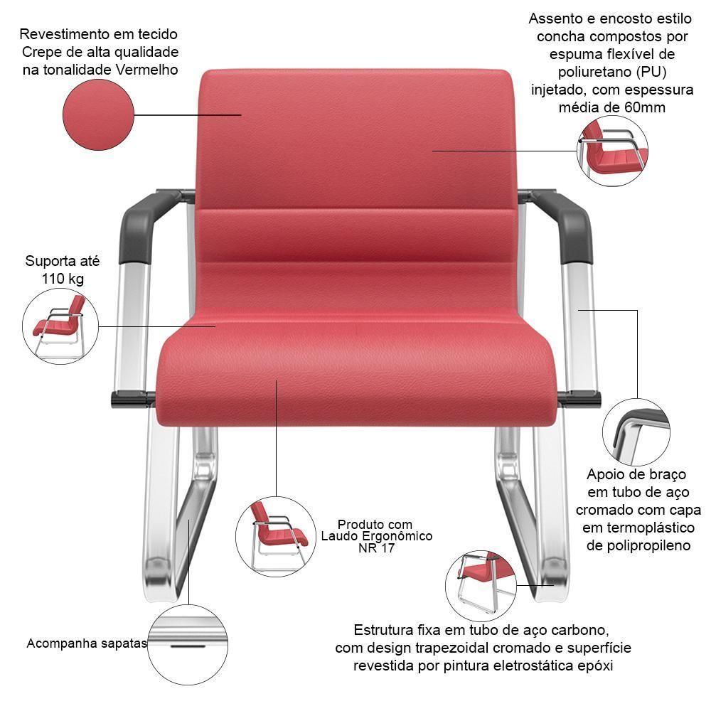 Cadeira De Escritório Recepção Com Braço Fixa Cromada Lev P03 Crepe Vermelho - Lyam Decor - 3