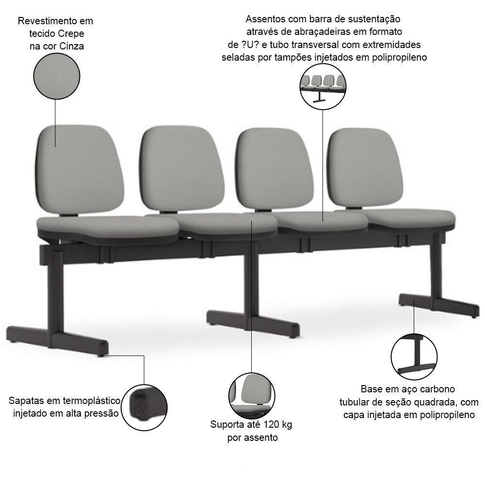Cadeira Longarina 4 Lugares Recepção Sala De Espera Work F02 Crepe Cinza - Lyam Decor - 2