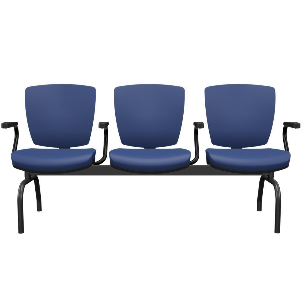 Cadeira Longarina 3 Lugares Aeroporto Recepção Preto Baixa Flexi P03 Vinil Azul - Lyam - 1