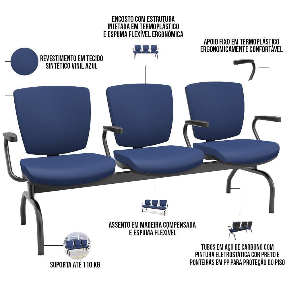 Cadeira Longarina 3 Lugares Aeroporto Recepção Preto Baixa Flexi P03 Vinil Azul - Lyam - 4