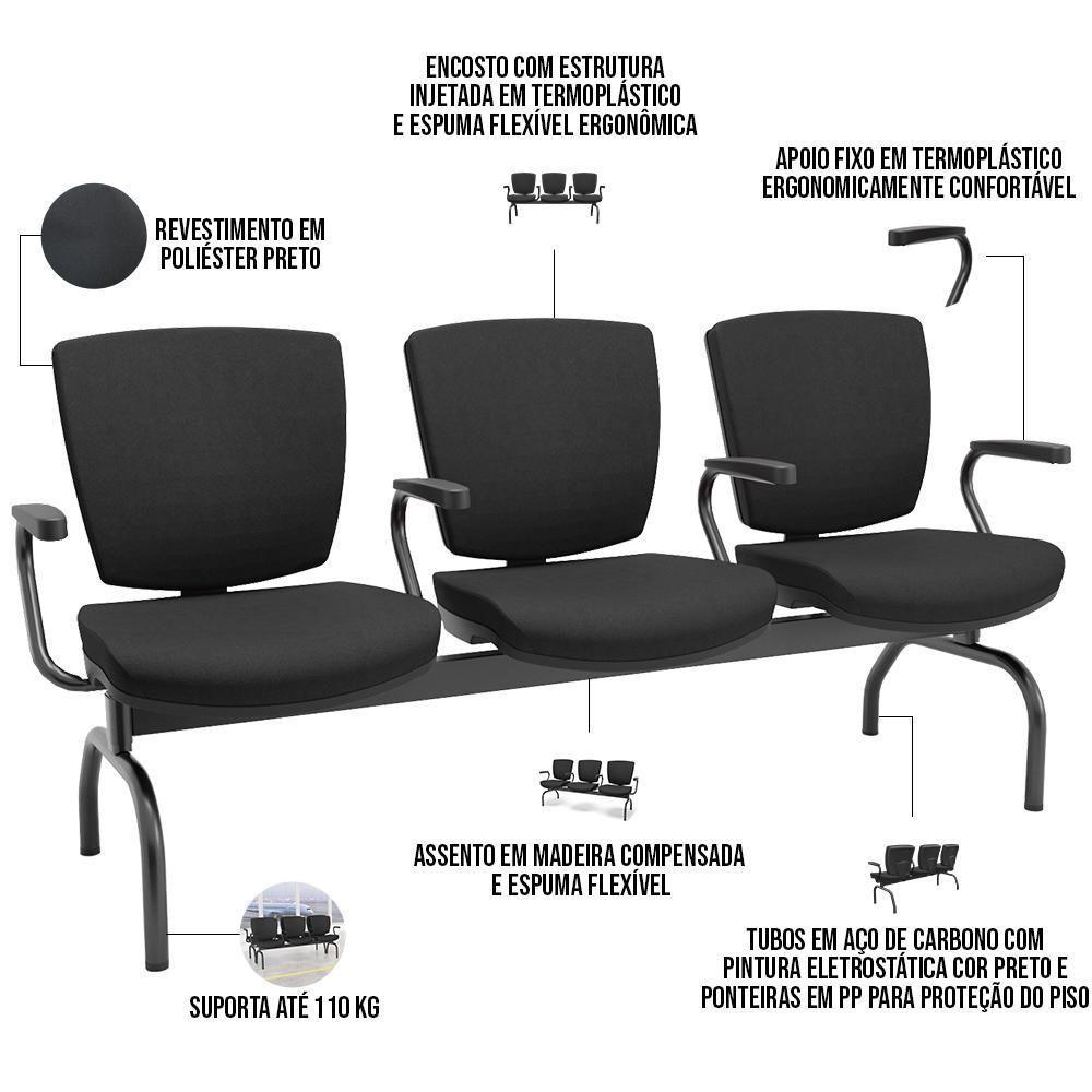 Cadeira Longarina 3 Lugares Aeroporto Recepção Preto Baixa Flexi P03 Poliéster Preto - Lyam - 4