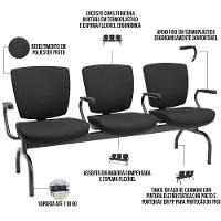 Cadeira Longarina 3 Lugares Aeroporto Recepção Preto Baixa Flexi P03 Poliéster Preto - Lyam