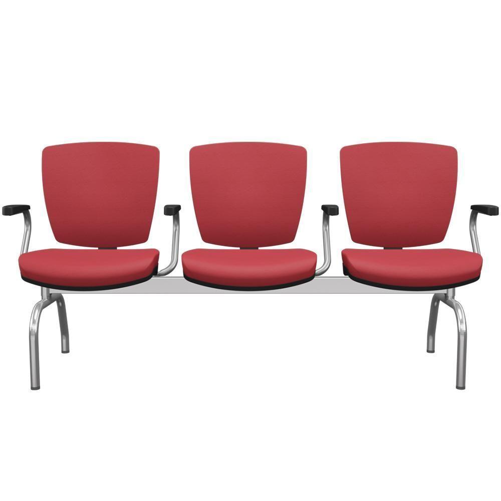 Cadeira Longarina 3 Lugares Aeroporto Recepção Cromado Baixa Flexi P03 Vinil Vermelho - Lyam - 1