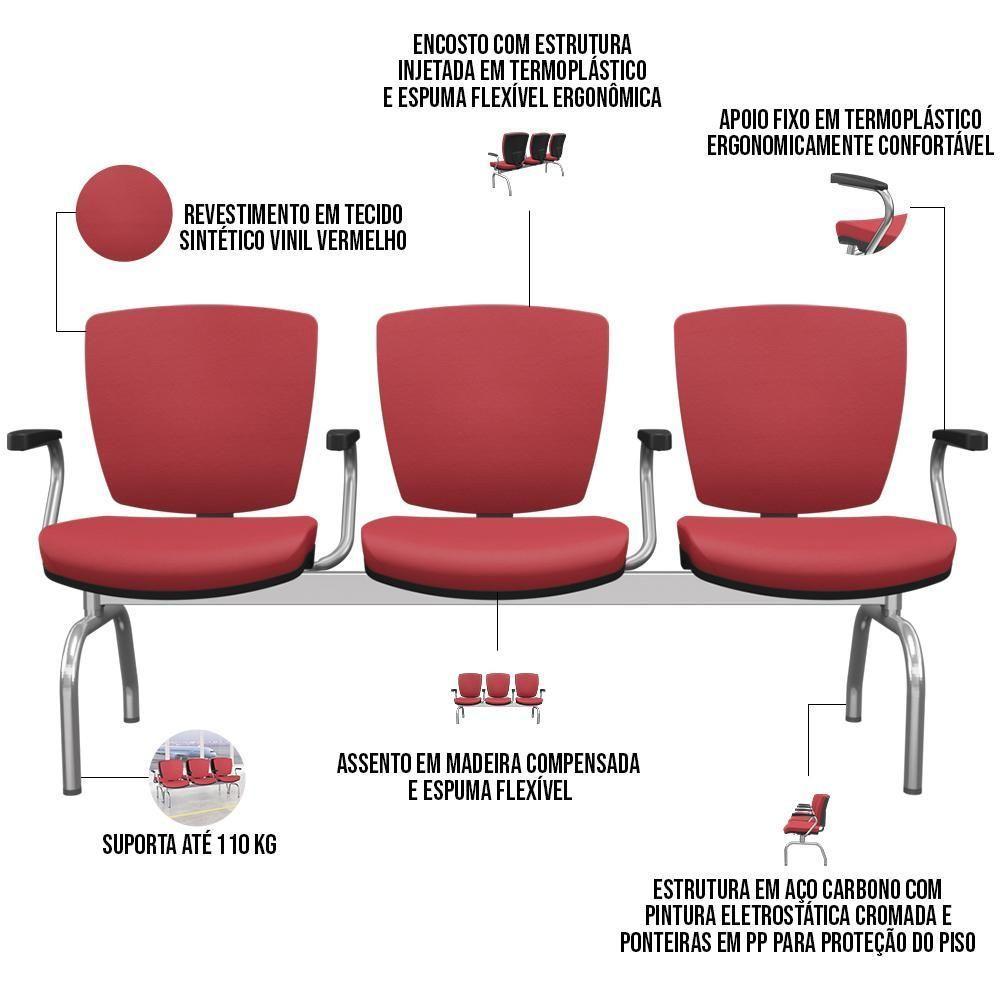 Cadeira Longarina 3 Lugares Aeroporto Recepção Cromado Baixa Flexi P03 Vinil Vermelho - Lyam - 4