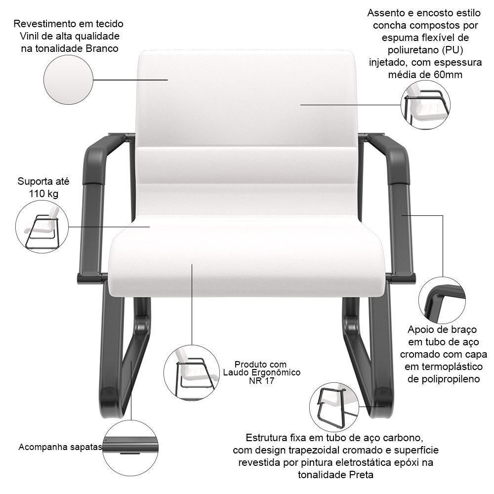 Cadeira De Escritório Recepção Com Braço Fixa Preta Lev P03 Vinil Branco - Lyam Decor - 3