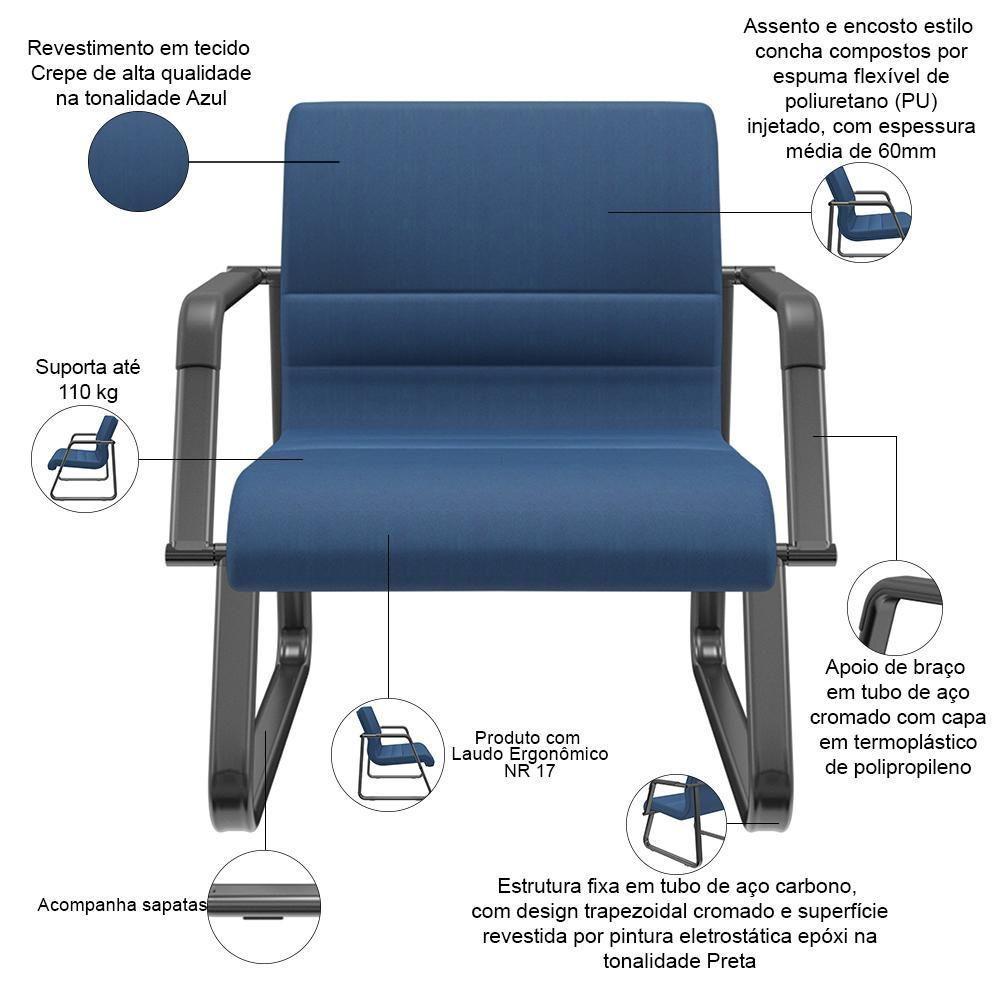 Cadeira De Escritório Recepção Com Braço Fixa Preta Lev P03 Crepe Azul - Lyam Decor - 3