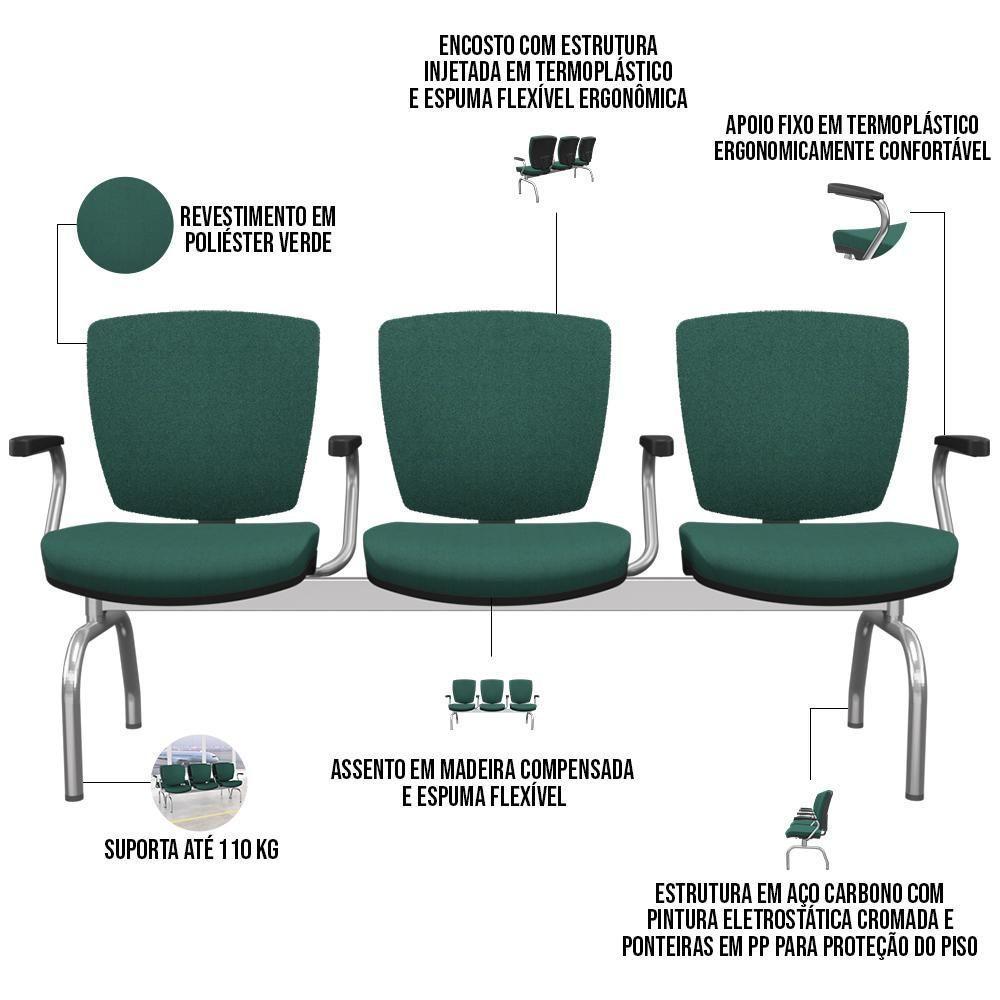 Cadeira Longarina 3 Lugares Aeroporto Recepção Cromado Baixa Flexi P03 Poliéster Verde - Lyam - 4