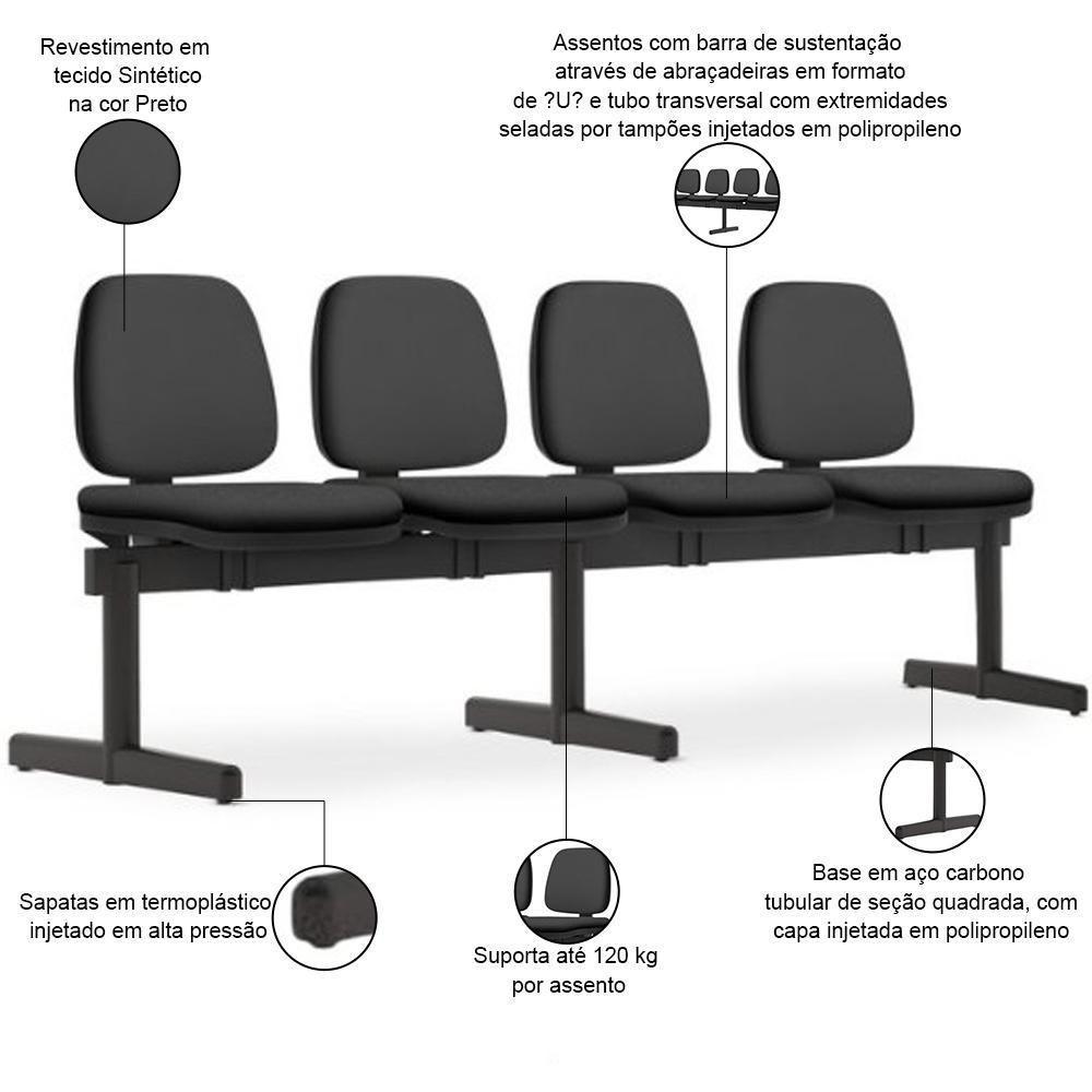Cadeira Longarina 4 Lugares Recepção Sala De Espera Work F02 Sintético Preto - Lyam Decor - 2