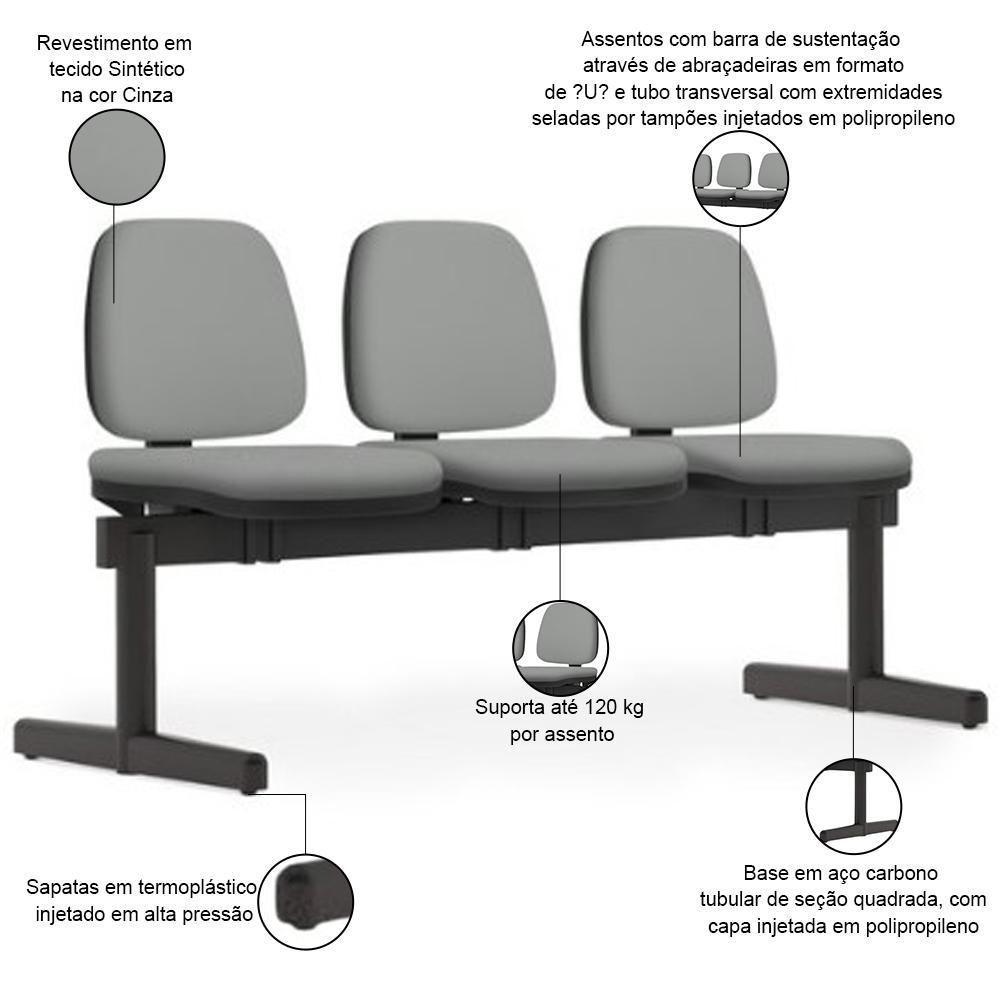 Cadeira Longarina 3 Lugares Recepção Sala De Espera Work F02 Sintético Cinza - Lyam Decor - 2