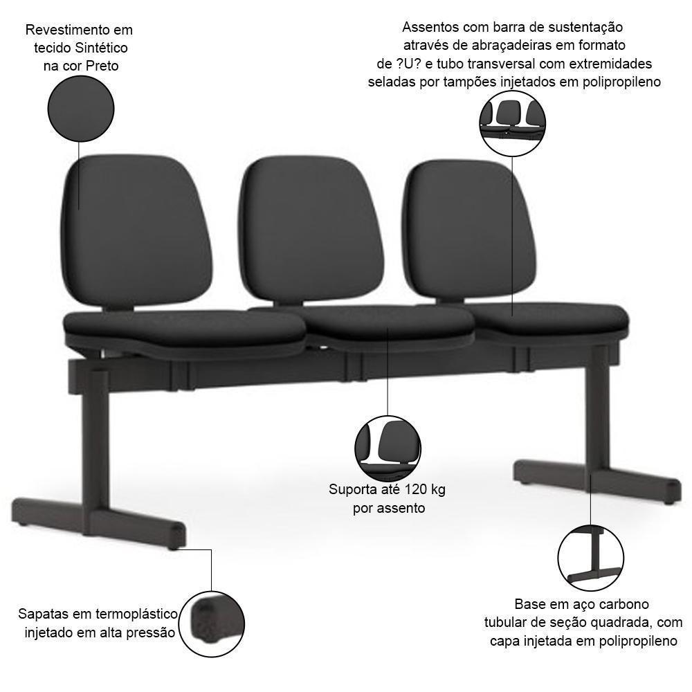 Cadeira Longarina 3 Lugares Recepção Sala De Espera Work F02 Sintético Preto - Lyam Decor - 2