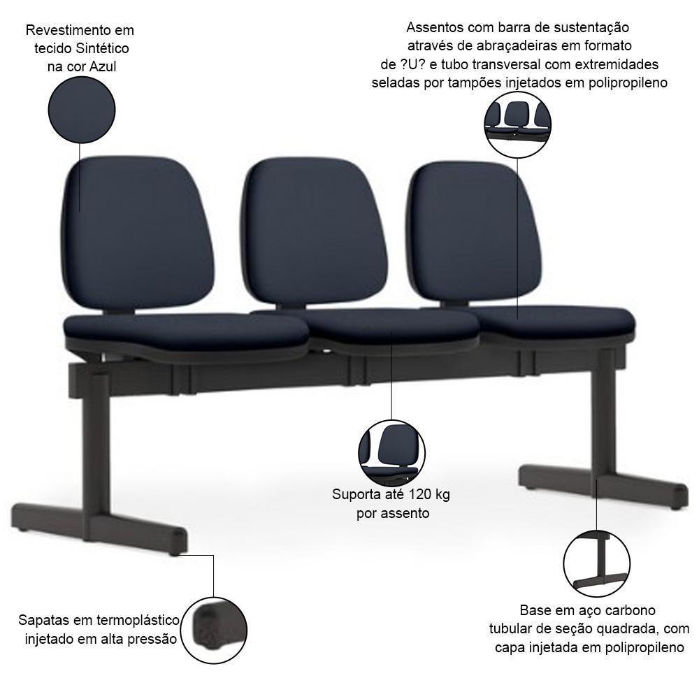 Cadeira Longarina 3 Lugares Recepção Sala De Espera Work F02 Sintético Azul - Lyam Decor - 2