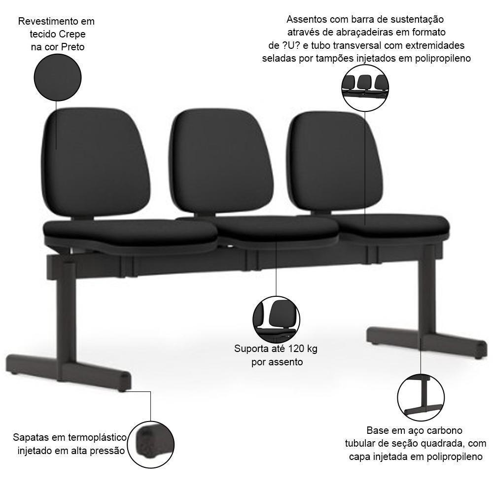 Cadeira Longarina 3 Lugares Recepção Sala De Espera Work F02 Crepe Preto - Lyam Decor - 2