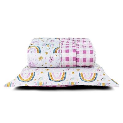 Kit Cobre Leito Colcha Solteiro Infantil Lutti Dupla Face 200 Fios 2 Peças Arco íris Rainbow Rosa