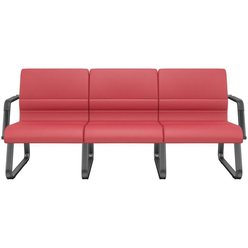 Cadeira Longarina 3 Lugares Recepção Com Braço Pés Preto Lev P03 Vinil Vermelho - Lyam Decor - 1