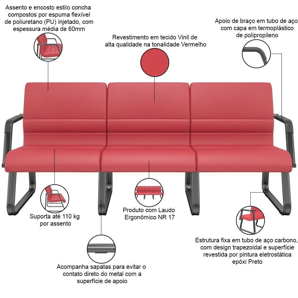 Cadeira Longarina 3 Lugares Recepção Com Braço Pés Preto Lev P03 Vinil Vermelho - Lyam Decor - 3