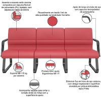 Cadeira Longarina 3 Lugares Recepção Com Braço Pés Preto Lev P03 Vinil Vermelho - Lyam Decor - 3