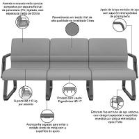 Cadeira Longarina 3 Lugares Recepção Com Braço Pés Preto Lev P03 Vinil Cinza - Lyam Decor - 3