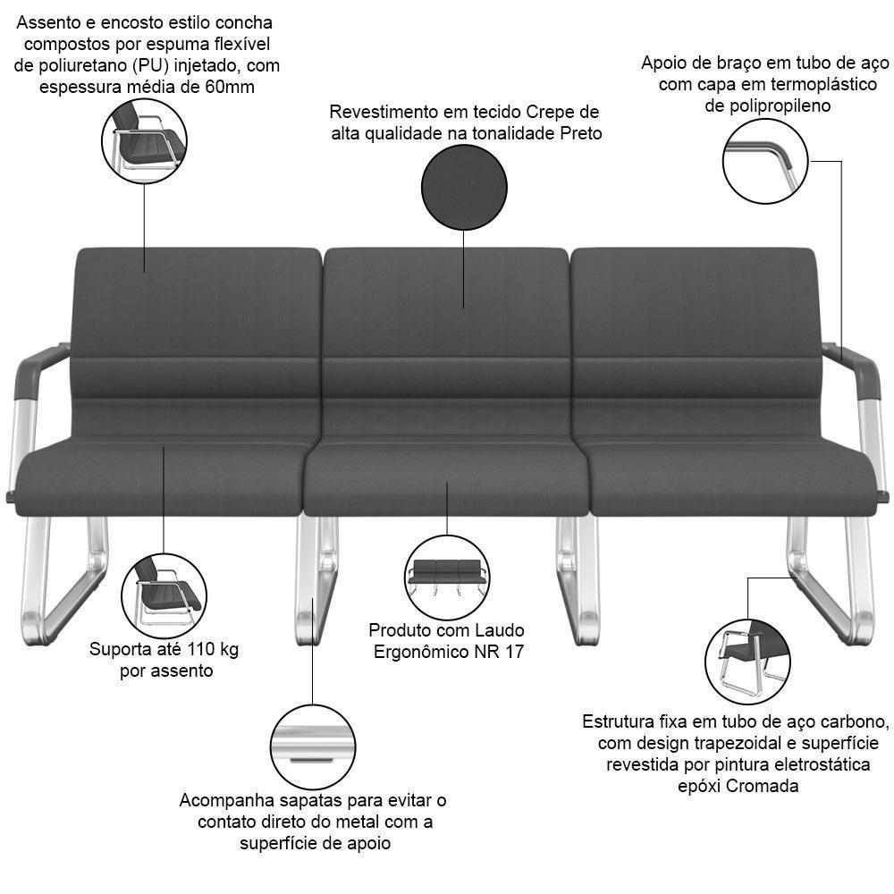 Cadeira Longarina 3 Lugares Recepção Com Braço Pés Cromado Lev P03 Crepe Preto - Lyam Decor - 3