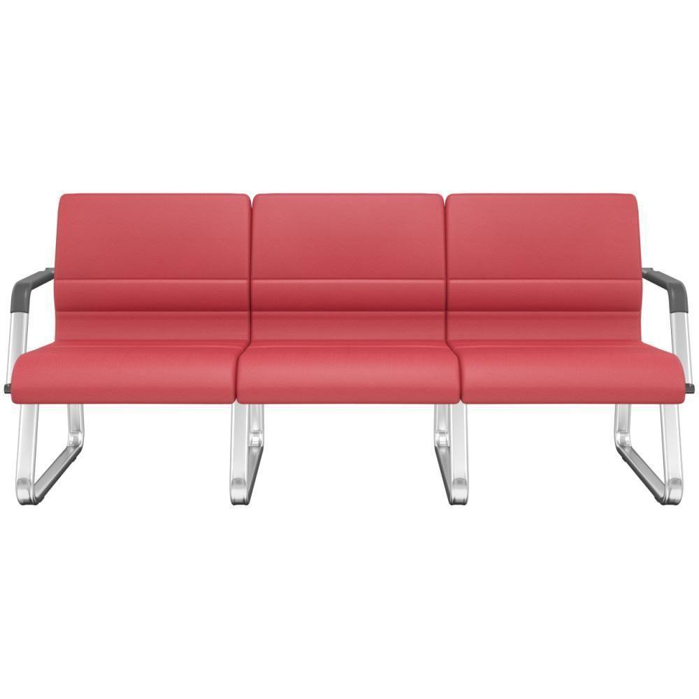 Cadeira Longarina 3 Lugares Recepção Com Braço Pés Cromado Lev P03 Vinil Vermelho - Lyam Decor - 1