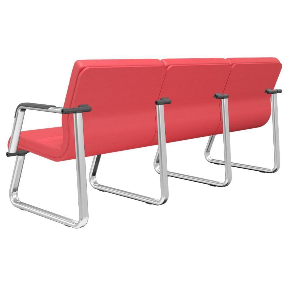 Cadeira Longarina 3 Lugares Recepção Com Braço Pés Cromado Lev P03 Vinil Vermelho - Lyam Decor - 5