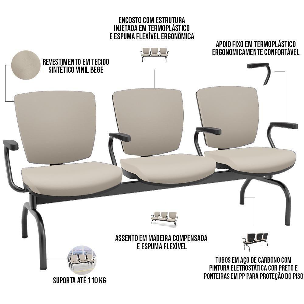 Cadeira Longarina 3 Lugares Aeroporto Recepção Preto Baixa Flexi P03 Vinil Bege - Lyam - 4