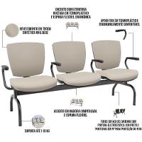 Cadeira Longarina 3 Lugares Aeroporto Recepção Preto Baixa Flexi P03 Vinil Bege - Lyam