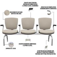 Cadeira Longarina 3 Lugares Aeroporto Recepção Cromado Baixa Flexi P03 Vinil Bege - Lyam