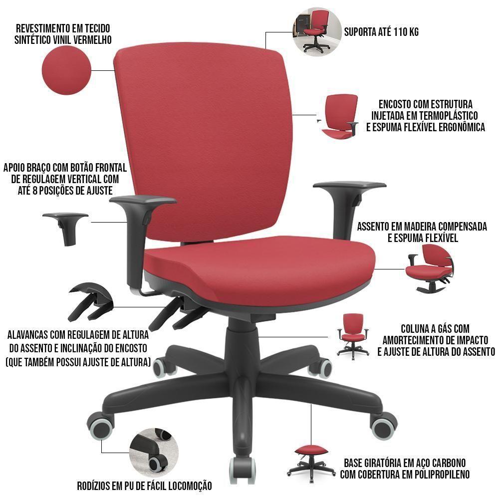 Kit 02 Cadeiras De Escritório Diretor Office Giratória Preto Alta Flexi P03 Vinil Vermelho - Lyam - 4