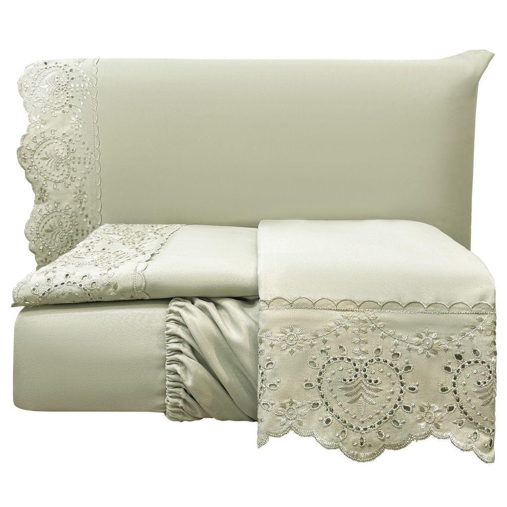 Jogo Cama Lençol Detail King Bordado Guipir Bordado Inglês Percal 300 Fios 4 Peças - Bege - 1