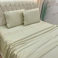 Jogo Cama Lençol Detail King Bordado Guipir Bordado Inglês Percal 300 Fios 4 Peças - Bege - 3