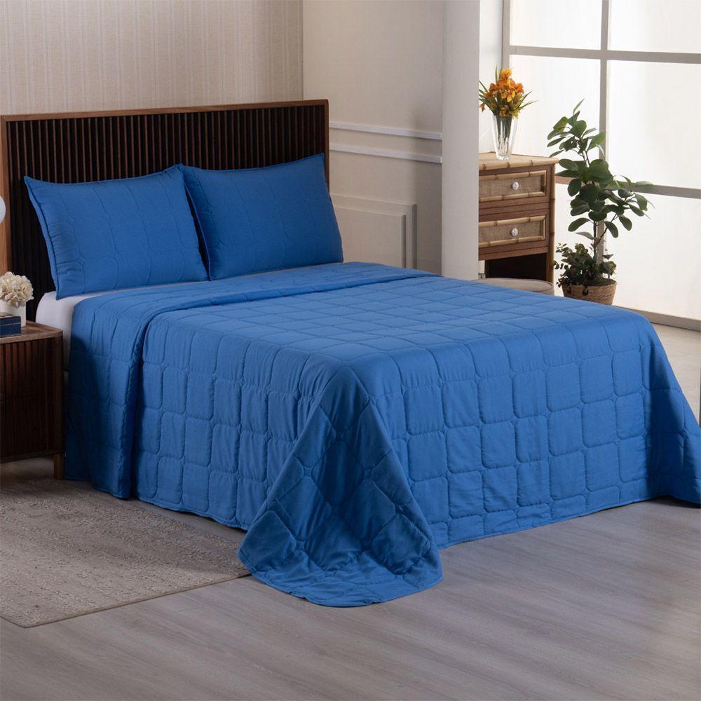 Kit Cobre Leito Colcha Lunar Casal 3 Peças 400 Fios Matelado Dupla Face - Azul Royal - 100% Poliéster - 4