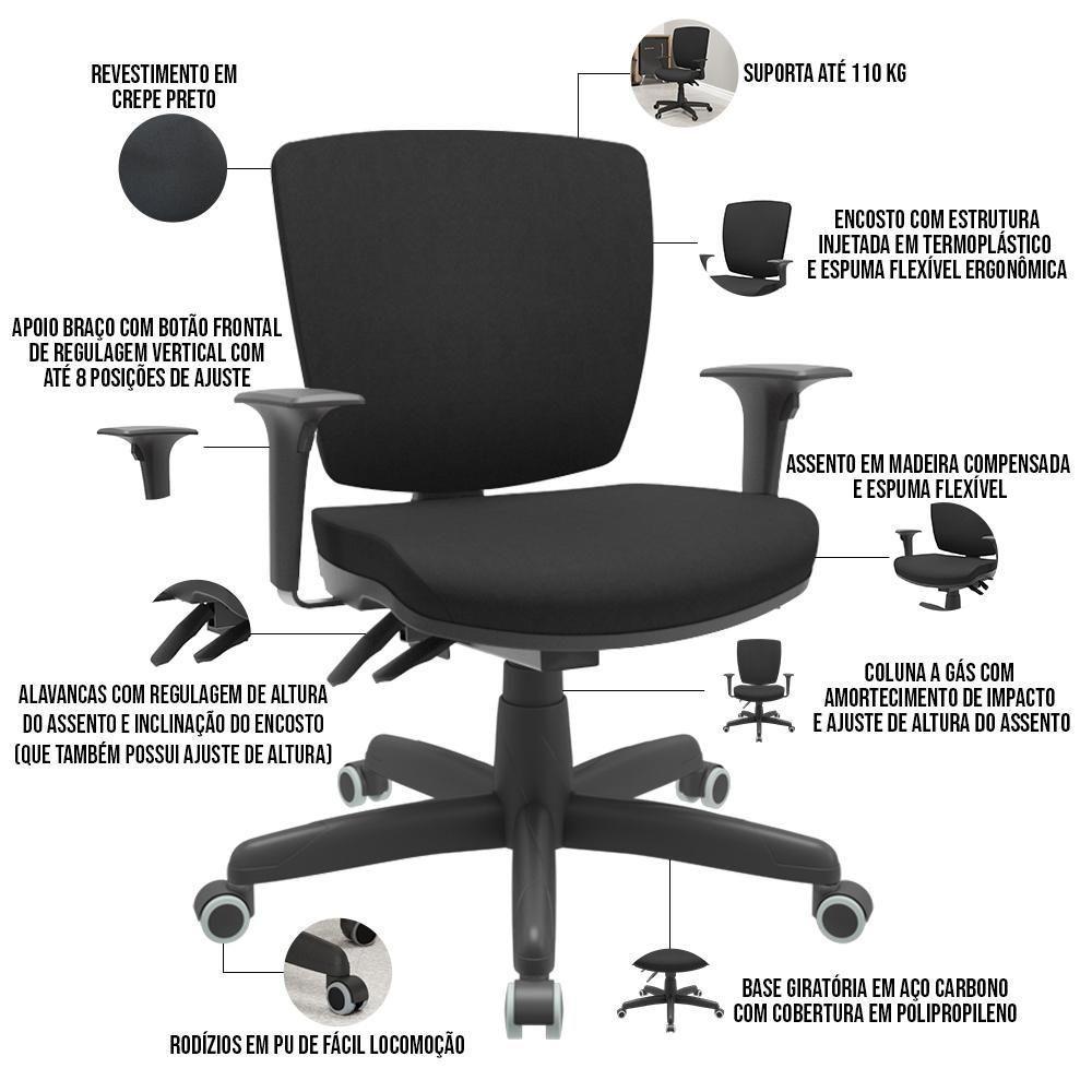 Kit 04 Cadeiras Escritório Executiva Office Giratória Preto Baixa Flexi P03 Poliéster Preto - Lyam - 4