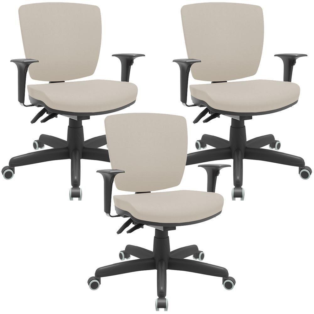 Kit 03 Cadeiras De Escritório Executiva Office Giratória Preto Baixa Flexi P03 Vinil Bege - Lyam - 1