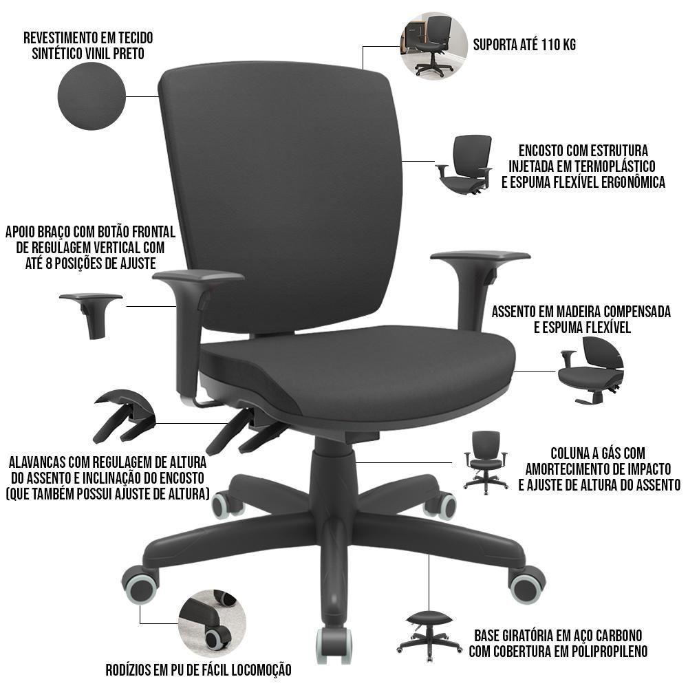 Kit 03 Cadeiras De Escritório Diretor Office Base Giratória Preto Alta Flexi P03 Vinil Preto - Lyam - 4