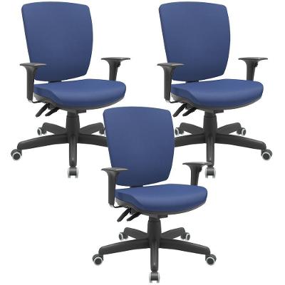 Kit 03 Cadeiras De Escritório Diretor Office Base Giratória Preto Alta Flexi P03 Vinil Azul - Lyam