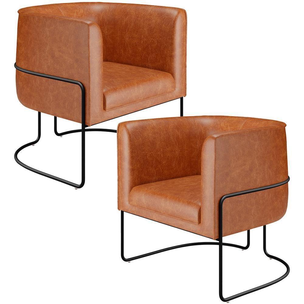 Kit 02 Poltronas Para Sala De Estar Fixa Base Aço Preto Betina D02 Couríssimo Camel - Lyam - 1