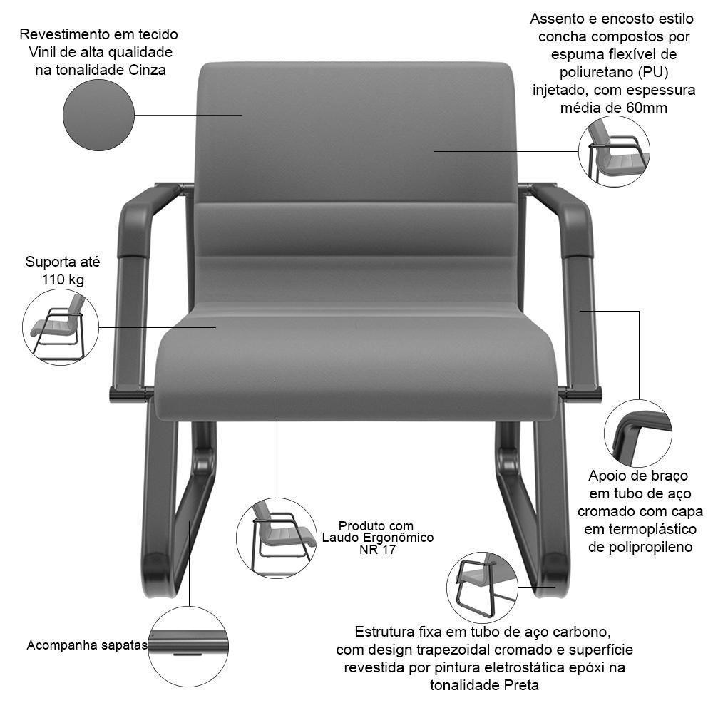 Kit 02 Cadeiras De Escritório Recepção Fixa Pés Preto Lev P03 Vinil Cinza - Lyam Decor - 3