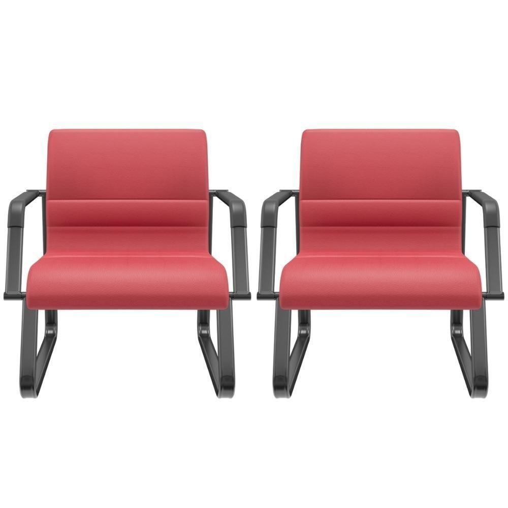 Kit 02 Cadeiras De Escritório Recepção Fixa Pés Preto Lev P03 Vinil Vermelho - Lyam Decor - 1