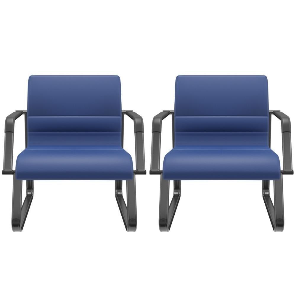 Kit 02 Cadeiras De Escritório Recepção Fixa Pés Preto Lev P03 Vinil Azul - Lyam Decor - 1