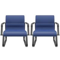 Kit 02 Cadeiras De Escritório Recepção Fixa Pés Preto Lev P03 Vinil Azul - Lyam Decor - 1