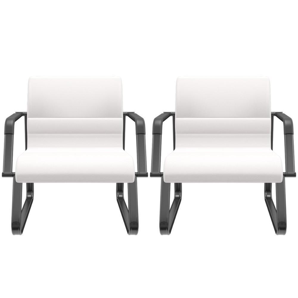 Kit 02 Cadeiras De Escritório Recepção Fixa Pés Preto Lev P03 Vinil Branco - Lyam Decor - 1