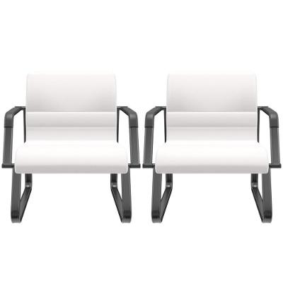 Kit 02 Cadeiras De Escritório Recepção Fixa Pés Preto Lev P03 Vinil Branco - Lyam Decor