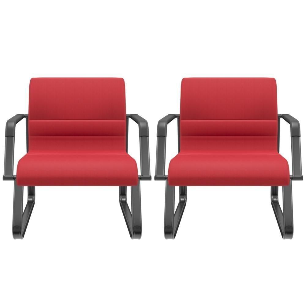 Kit 02 Cadeiras De Escritório Recepção Fixa Pés Preto Lev P03 Crepe Vermelho - Lyam Decor - 1