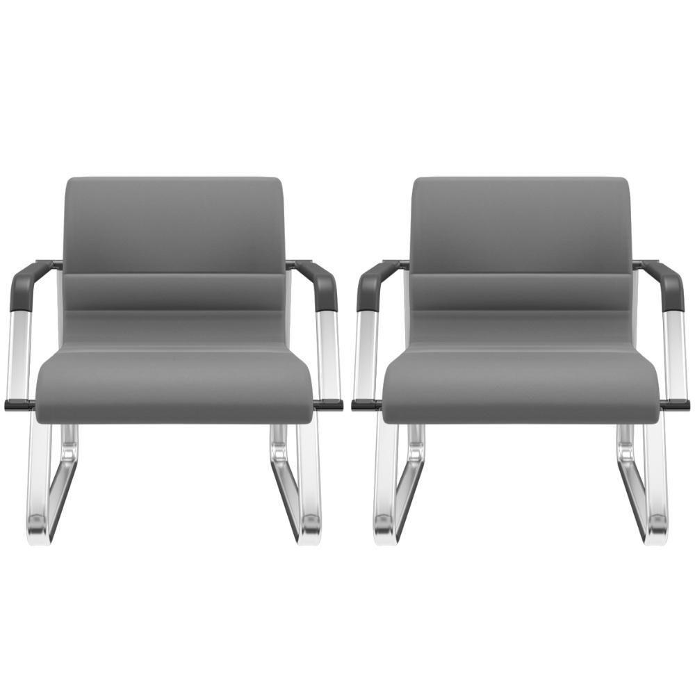 Kit 02 Cadeiras De Escritório Recepção Fixa Pés Cromado Lev P03 Vinil Cinza - Lyam Decor - 1