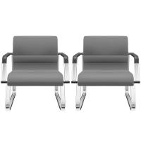 Kit 02 Cadeiras De Escritório Recepção Fixa Pés Cromado Lev P03 Vinil Cinza - Lyam Decor - 1